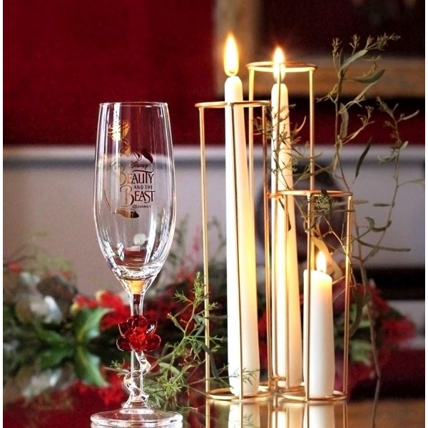 Beauty and the Beast gold patterned Champagne Glass with 3D Rose (x2), Arribas Beauty and the Beast gold patterned Champagne Glass with 3D Rose (x2), Arribas
